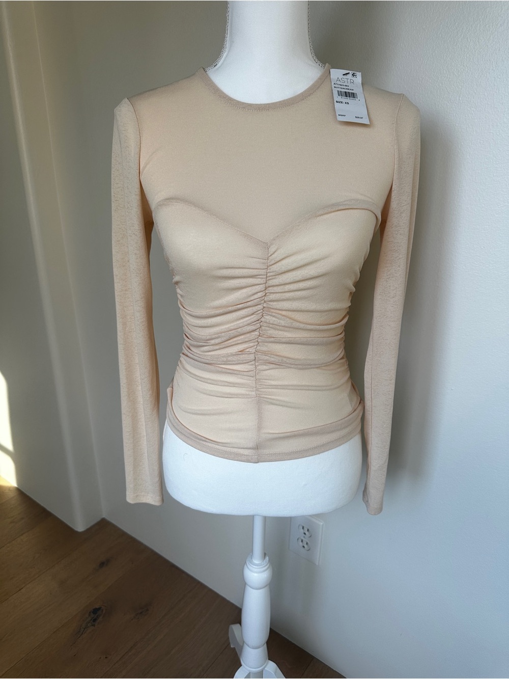 Astr Long Sleeve Ruched Beige Top